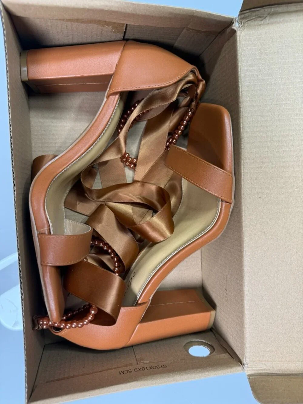 Dixkape Brown Pearl Embellished Satin Tie Block Heel Sandals Size 8